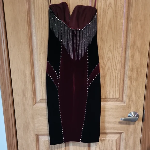 Strapless Johnathan Kayne Black and Burgundy Velvet Mini Dress with Metal Fringe - Picture 5 of 9